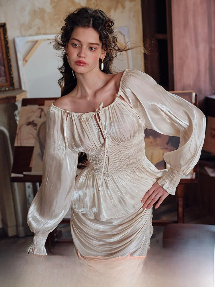 

LaceMade Vintage Design Sensory Satin Long Sve irt Waist Cinching Commute Lace French Sle High Waist Lantern Sve