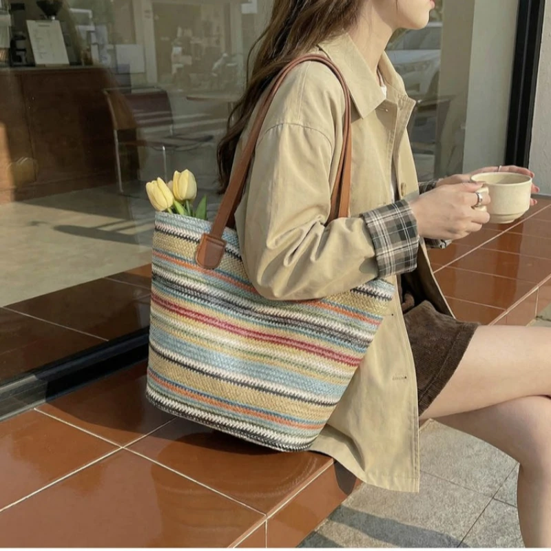 

Fashion Retro Straw Woven Shoulder Bag Simple Underarm Bag Summer Rainbow Woven Tote Bag Seaside Vacation Grass Woven Handbag