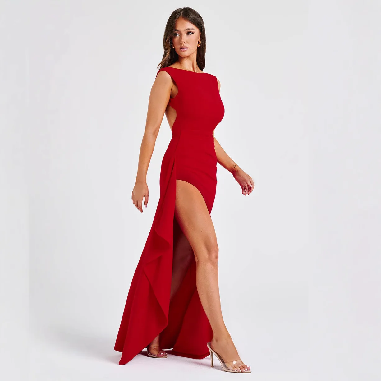 Damska sukienka w jednolitym kolorze z okrągłym dekoltem i wysokim rozcięciem Seksowna sukienka bez pleców z długim dekoltem 2025 Lato