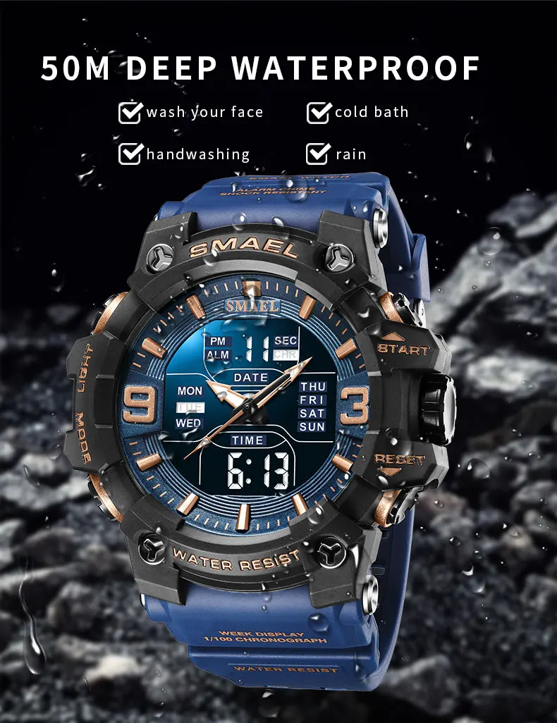 SMAEL 8049 Watch Sport LED Light Alarm Clock Dual Time Display WaterproofWeek Auto Date Wristwatches Quartz