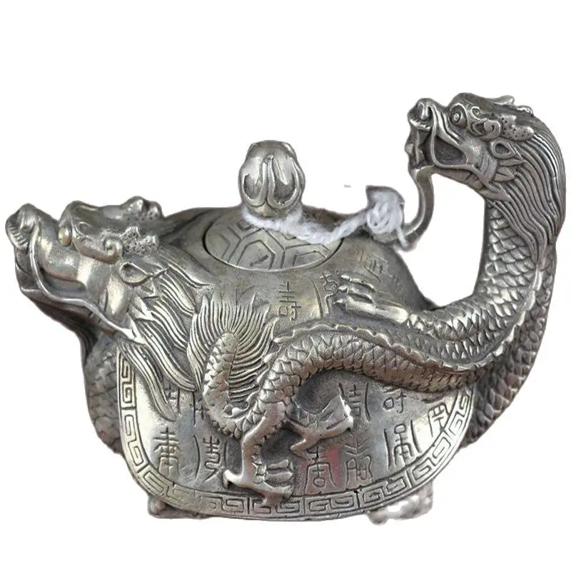 China Old Feng Shui Home Irnaments Plate With Silver Dragon Turtle Pot