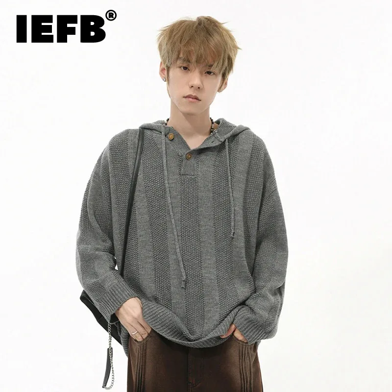 IEFB Korean Style Men's Hoodies Casual Droop Drawstring Hooded Solid Color Knitting Loose Male Sweatshirts Stylish 2024 9C7640