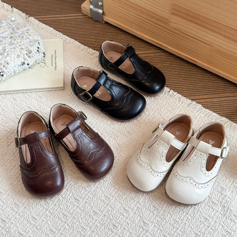 Kids T Strap Leather Shoes Girls Princess Shoes Boys Breathable Flats Mary Jane Black Brown Child Baby Toddlers Spring Autumn