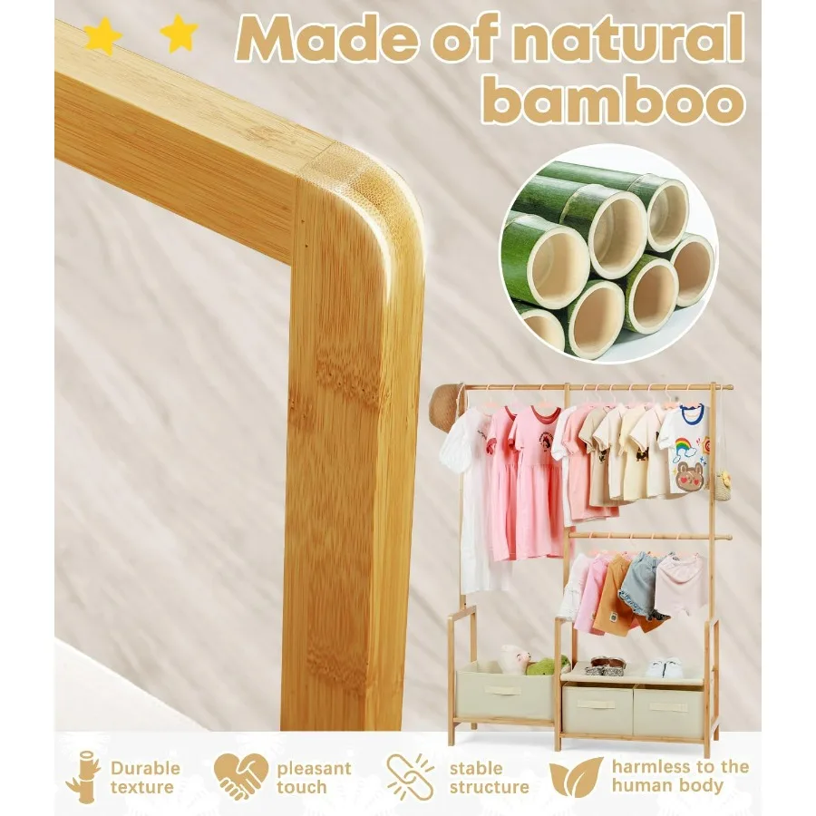 Bamboo Clothing Rack with Triple Hanging Poles for Child Dress Up and Costume Storage Compact Garment Rack with 3 Adjustable St
