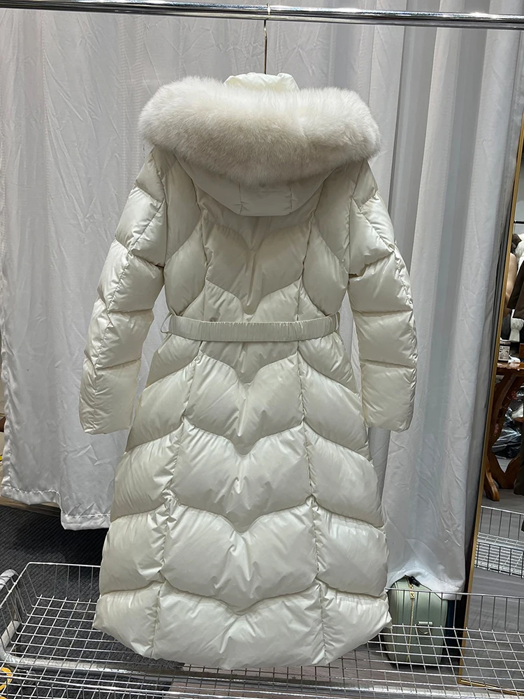 Long hooded down jacket with large fox fur collar, 2026 Autumn/Winter new style, belted, slim fit, warm women's down coat.