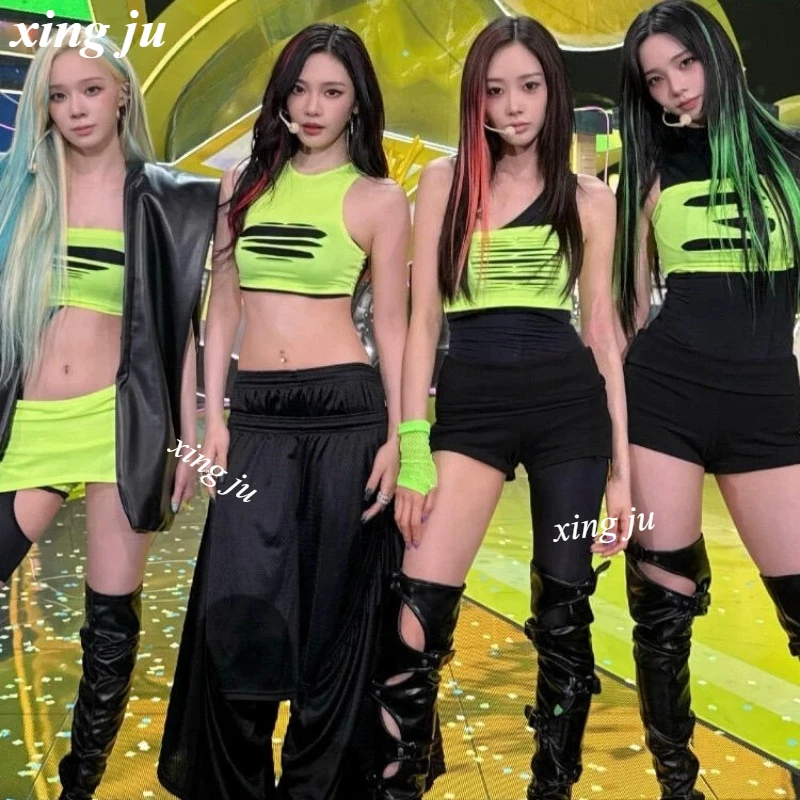 K-Pop Koreanische Gruppe Sexy Fluoreszierend Grüne Lochweste Eng Anliegende Kurze Tops Jazz-Tanz-Kostüm Damen Sänger Party Bühnen-Performance-Kleidung