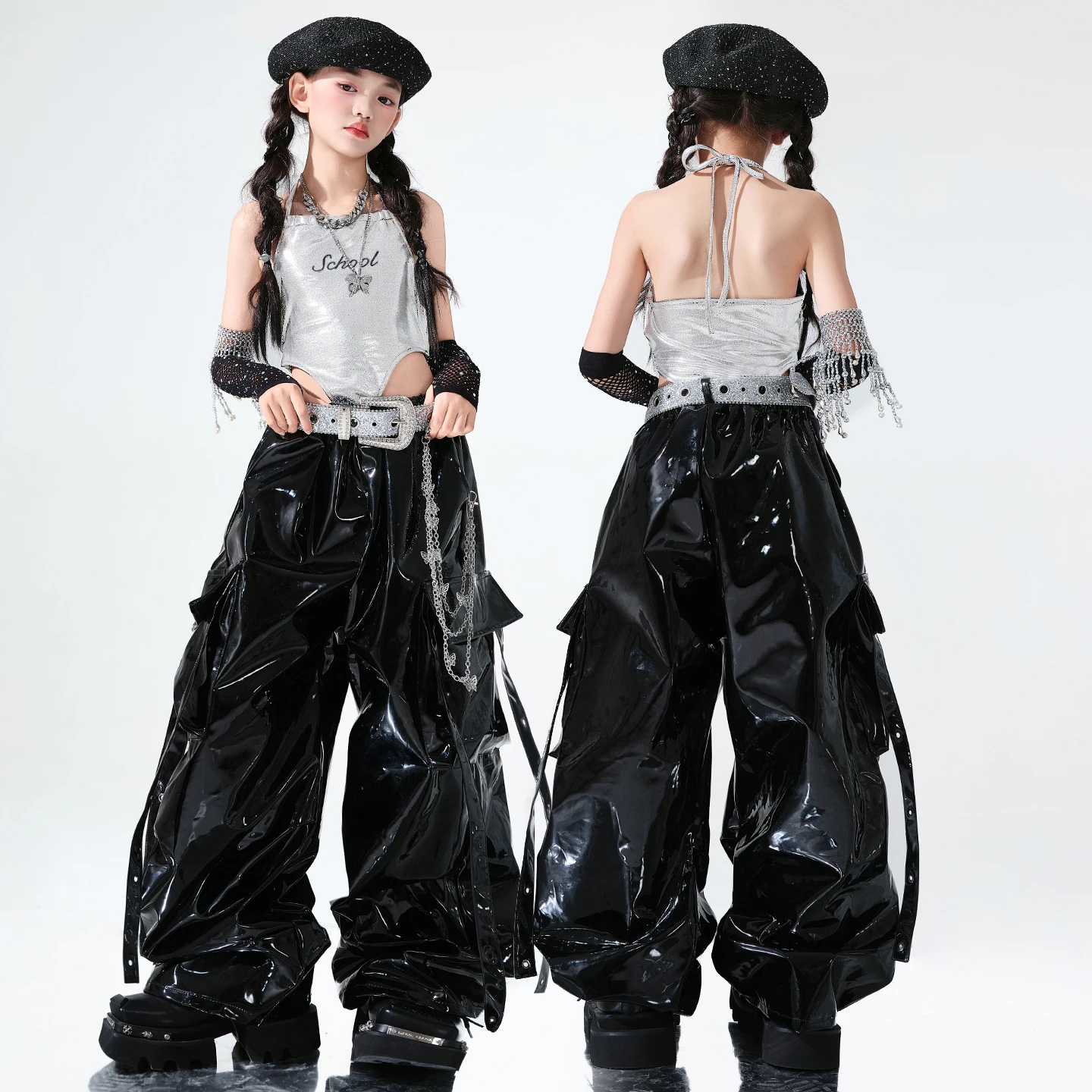 Pantaloni cargo lucidi in pelle PU con paillettes Hip Hop per ragazze Costumi di gruppo per ragazze di ballo di strada per bambini Abbigliamento jazz streetwear per bambini