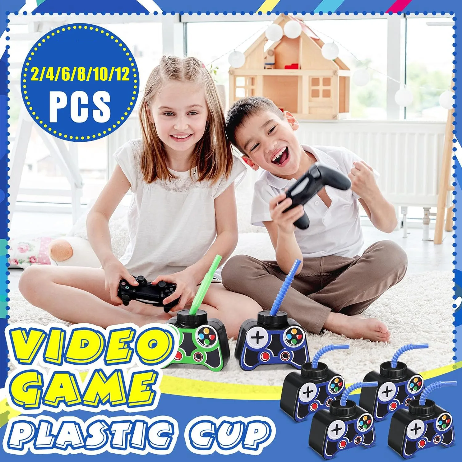 12 Pcs Plastic Video Gaming Party Favor Gift Supplies Cups with Straw,10oz Gamer Birthday Party Video Game Shape Cups-Blue