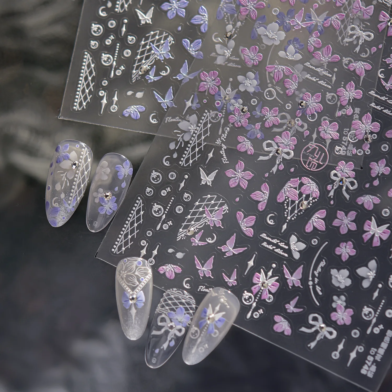 

Dreamy Crystal Diamond Purple Flower Nail Sticker Butterfly Bow Lace Self-adhesive 5D Flower Nail Art Sticker Decorations Decals