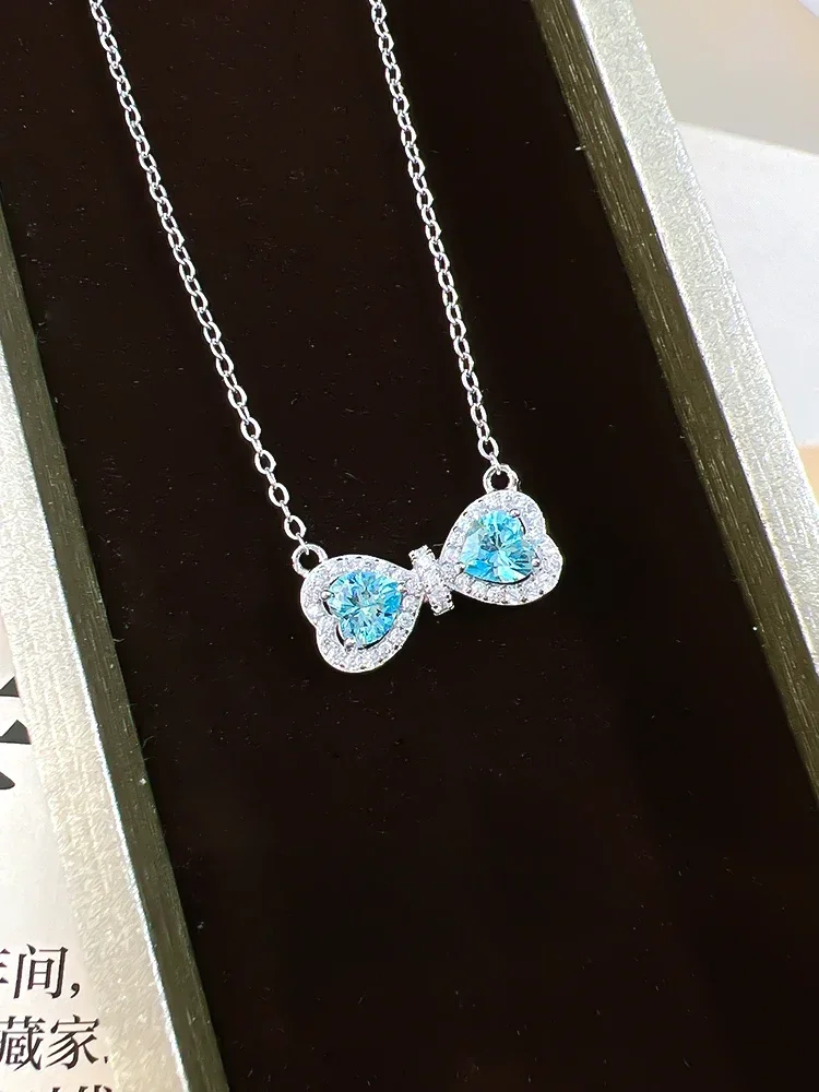 Desire 925 Silver New Hot Selling Heart Shaped Sea Blue Treasure Pendant Necklace Inlaid with Imported High Carbon Diamonds