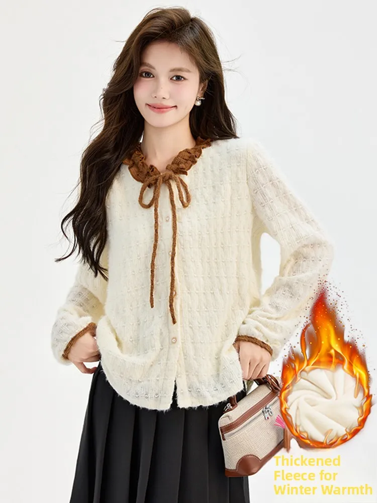 

Женский вязаный топ Ele с цветочным кружевом и флисовой подкладкой: теплый базовый слой, универсальный и модный