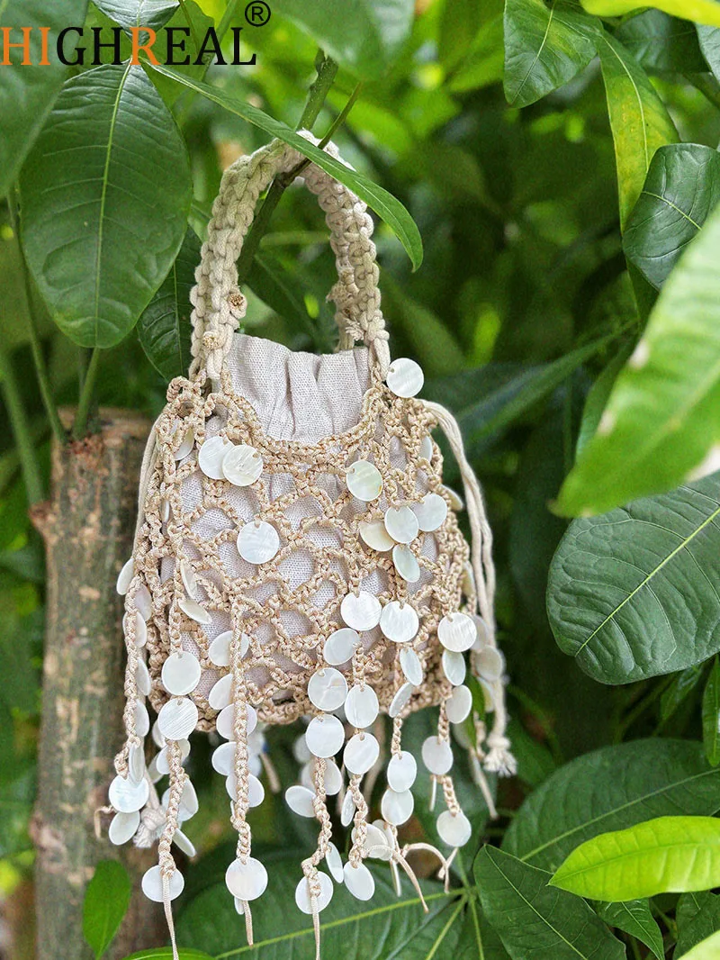 

Handmade Hollow Woven Bags for Women Handbags Fish Scales Tassel Tote Bag Luxury Rope Knitting Shoulder Bag New Sequin Clutch