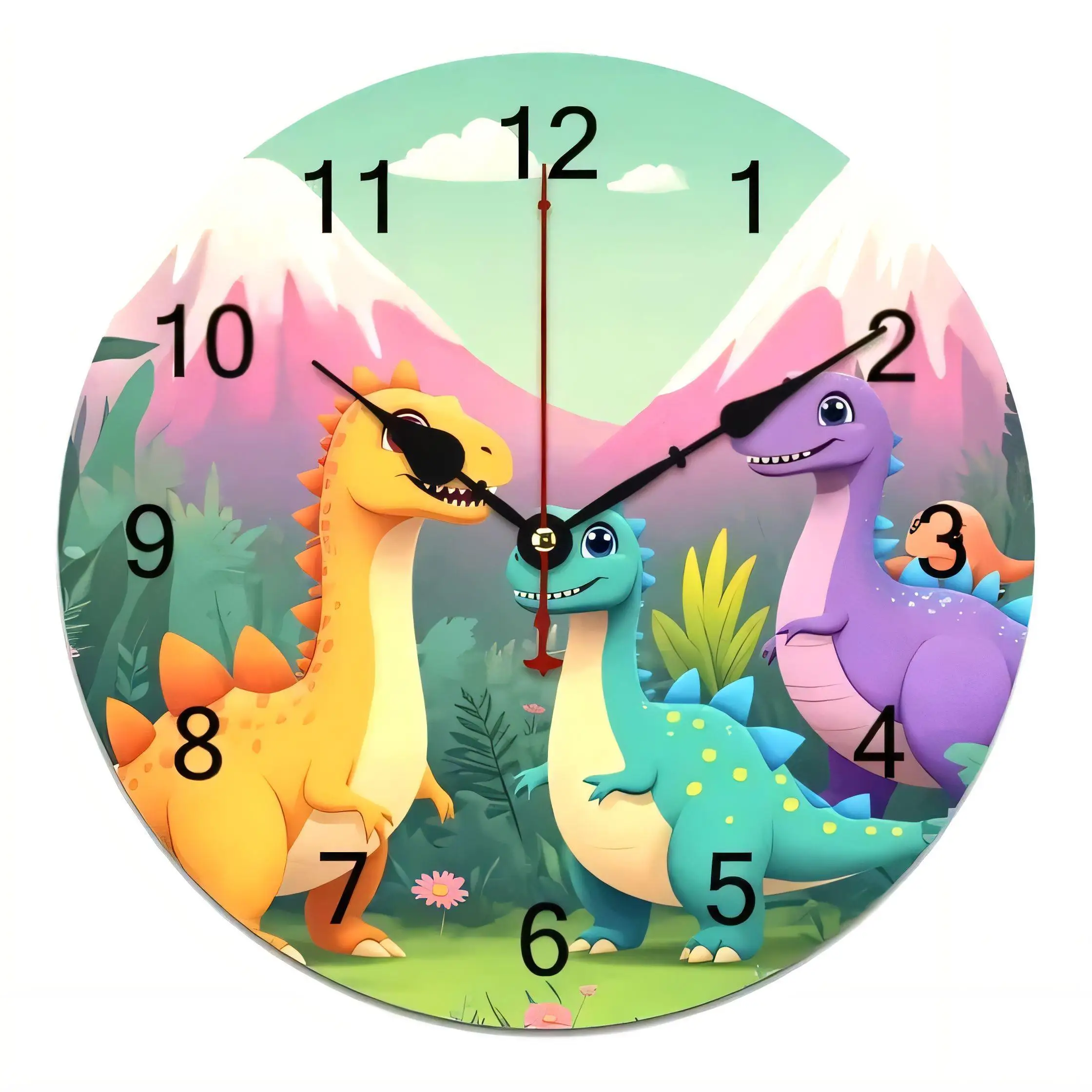Colorful Dinosaur Wall Clock  for Kids Room Nursery Decorative Playful Prehistoric Landscape Silent Non Ticking Battery Operated
