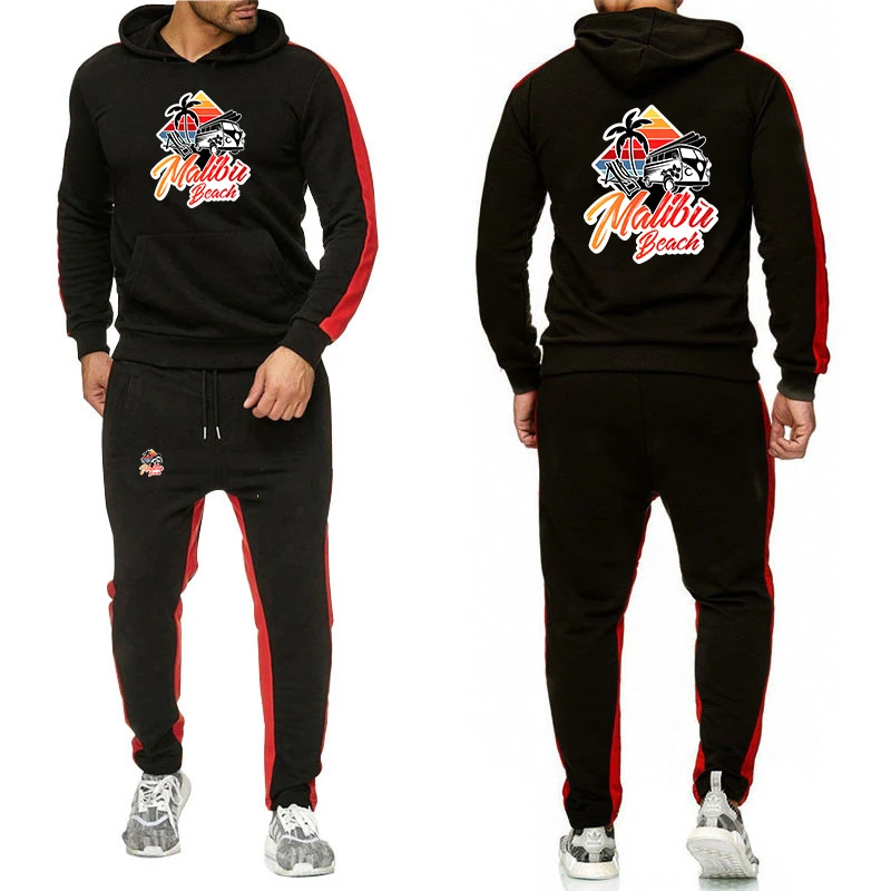 

2025 Spring And Autumn Men's Sports Fitness Premium Hoodies Malibu Beach Washed Logo Print Drawstring Long Pants Suits