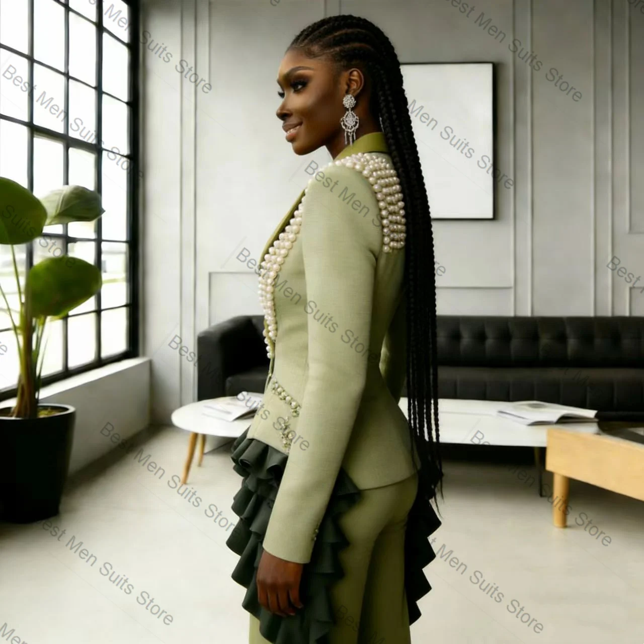 Picture 6: Pearls Green Women Suit Set 2 Pcs Blazer Pants Trousers Cotton Formal Office Jacket Customized Wedding Tuxedo Guest Coat