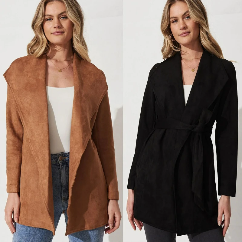 

Женские куртки с отложным воротником, однотонные пальто, кардиган, элегантная повседневная куртка с длинными рукавами, верхняя одежда для женщин, осень 2025 г.