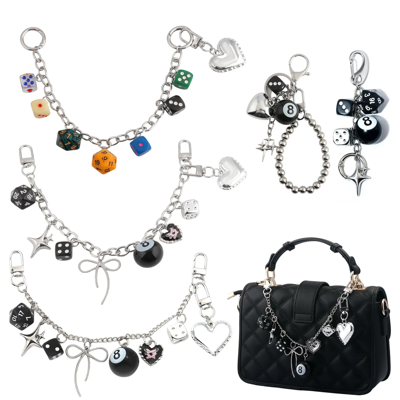 Rock-style Black Dice Billiards Keychain Y2K Pink Lucky Dice Starburst Pendant Crossbody Handbag Chain Jewelry Gift for Friends