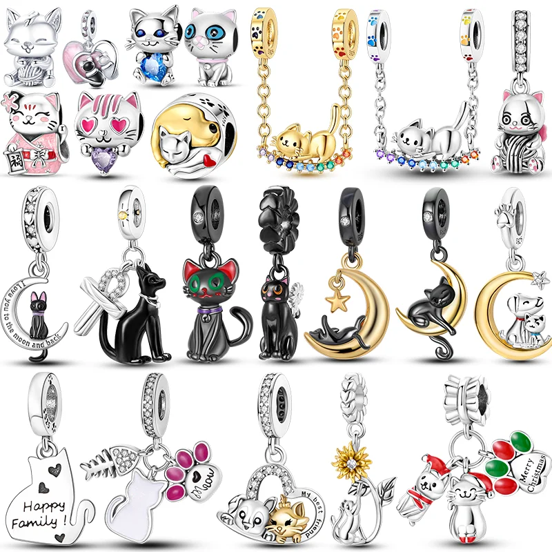 Hot Sale 925 Sterling Silver Charms Beads Love Play Cat Series Pendants Fit Bracelet Pendant DIY Jewelry Gift For Women