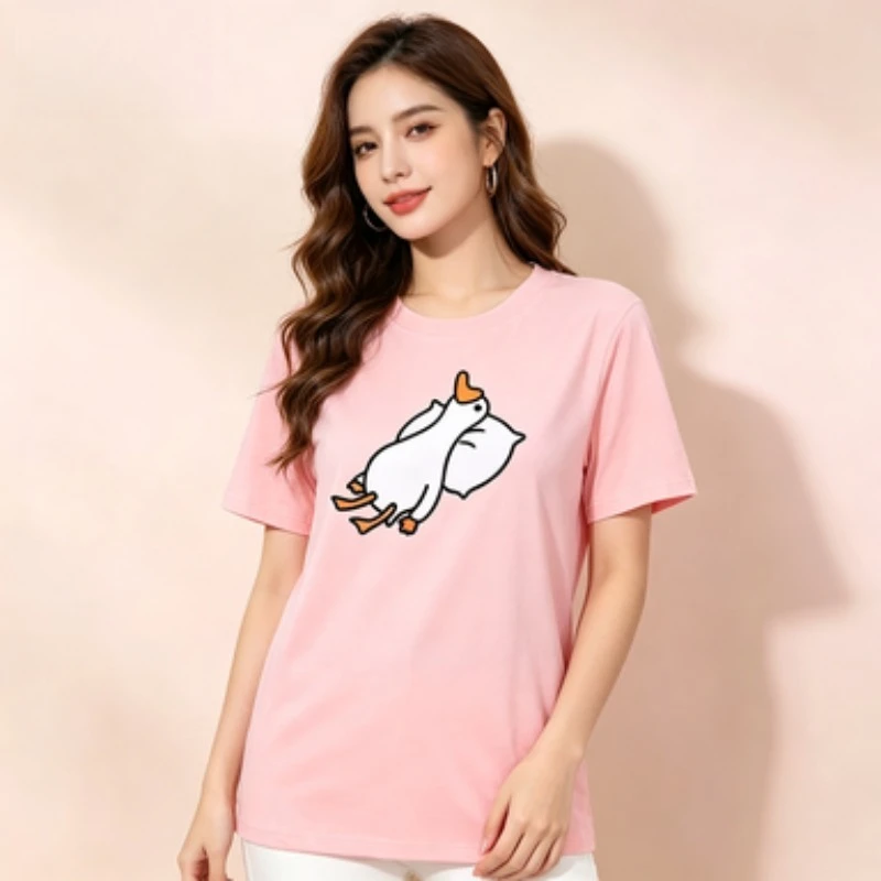 oft Basic Round Neck T Shirt For Women, Funny Lazy Duck Hug Pillow Cartoon Graphic Short Sleeve Tee,  Color Options
