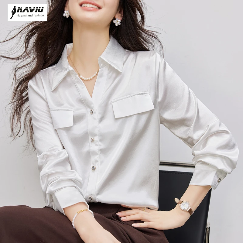 

NAIVU Temperament V Neck Long Sleeve Shirt For Women Spring Autumn Solid Color Korean Style Elegant Blouses Office Ladies Tops