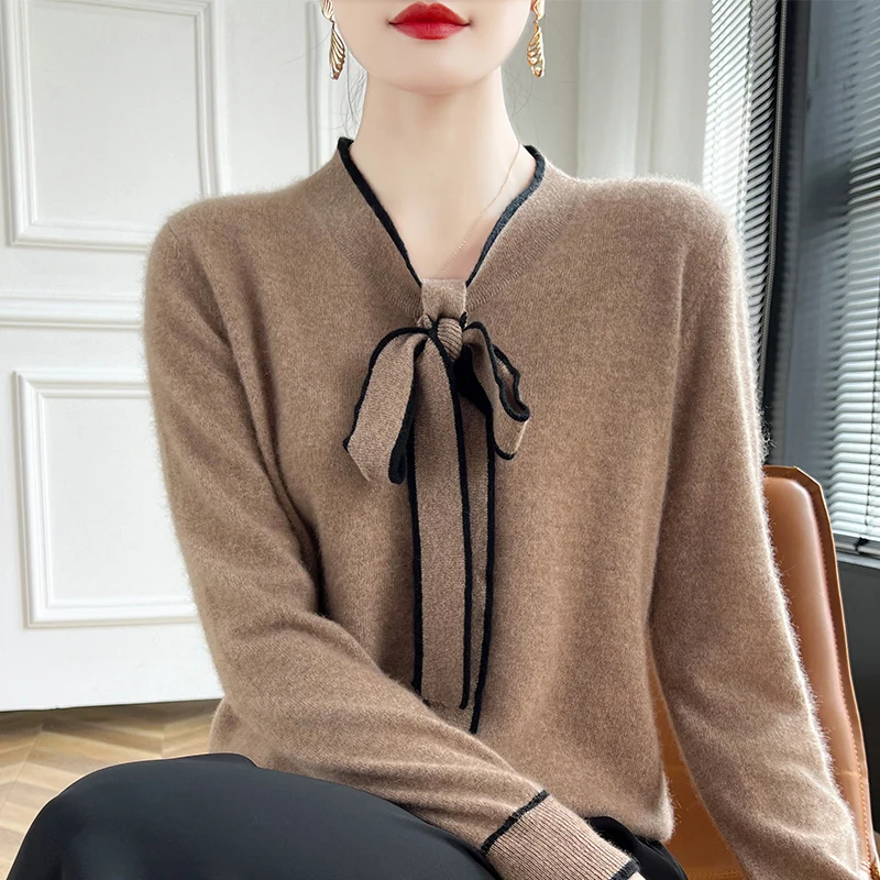 Autumn and winter new cashmere sweater women's sweater 100% beautiful slave wool fashion V-neck bow pullover soft luxury solid c