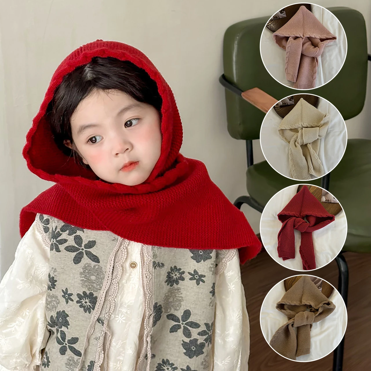 

Korean Girls Balaclava Scarves Cap Solid Color Woolen Hat Children Scarf Fashion Kids Knit Shawl 2-10Year Winter Warm Headgear