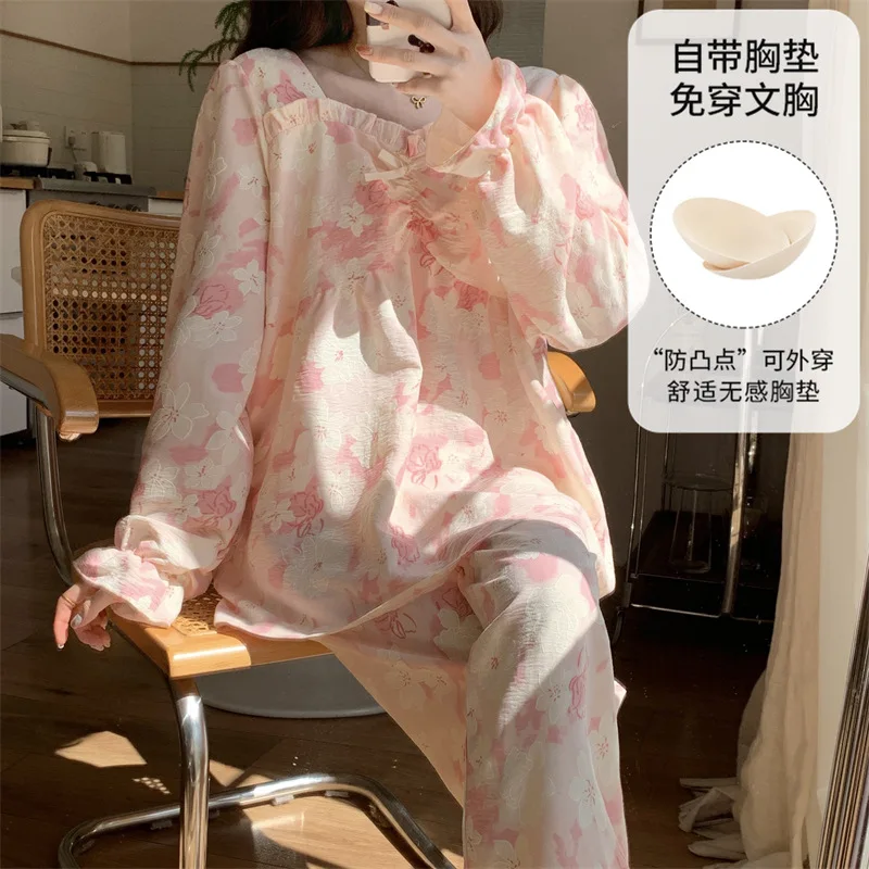 

Spring and Autumn New Ladies Pajamas with Bra Pad Homewear Set of Long-Sleeved Homewear Women Plus Size Pyjamas Set Dropship