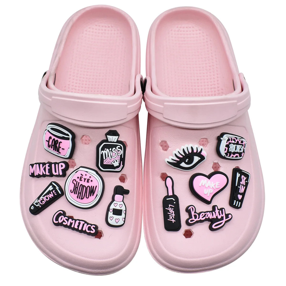 Amuletos de zapatos de maquillaje de belleza rosa para Crocs, accesorios de Pin, dijes, zuecos, zapatilla, pulsera, decoración, regalos de fiesta para mujer