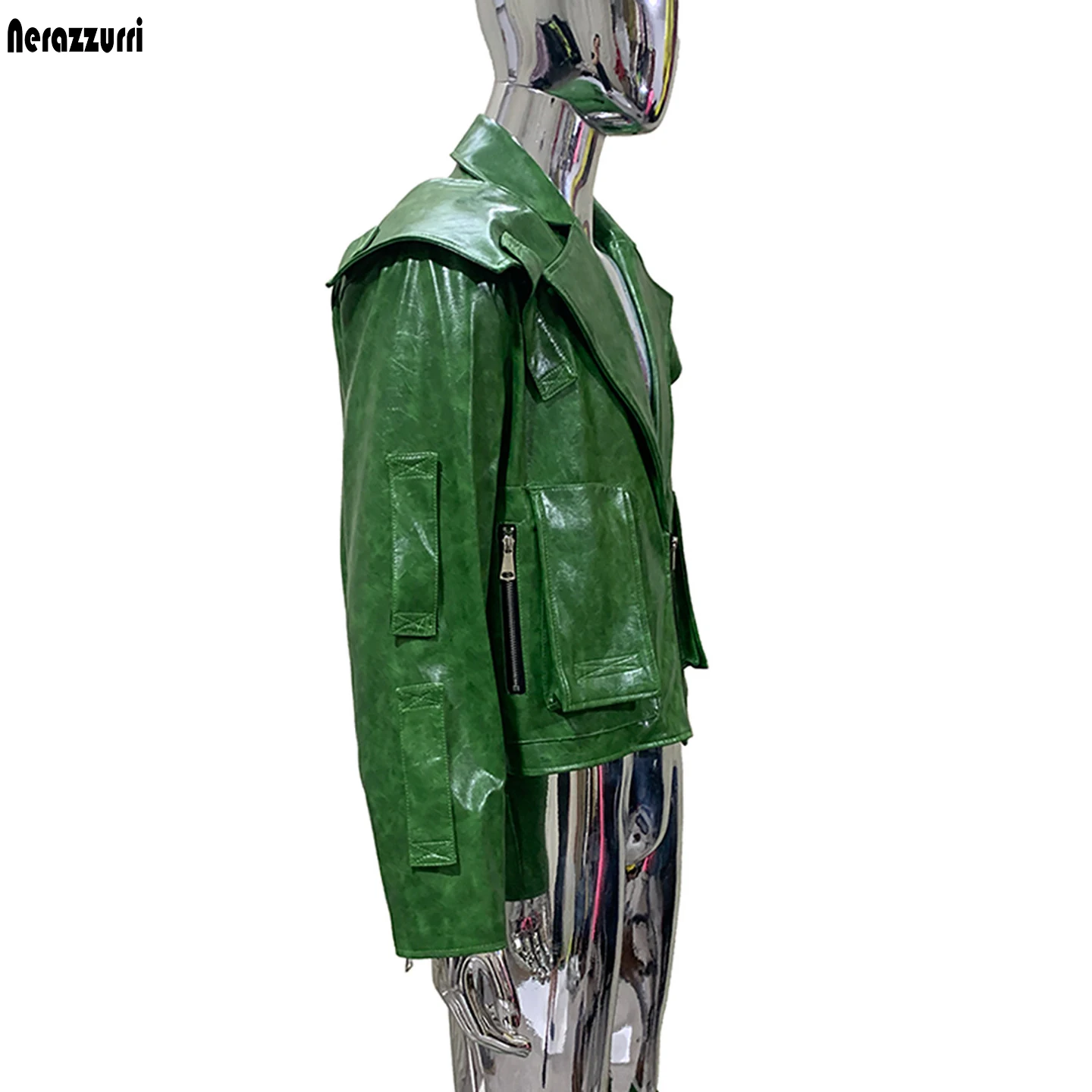Nerazzurri Spring Autumn Short Shiny Bright Green Pu Leather Jacket Men with Three-dimensional Pockets Streetwear Menswear 2026