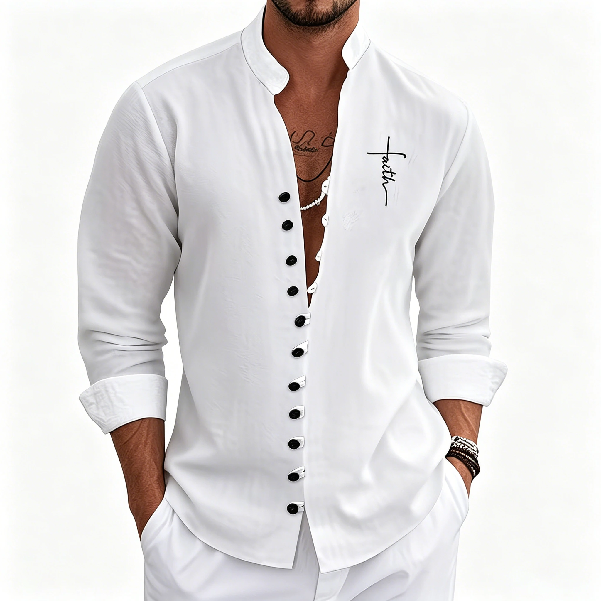 Men's stand-up collar long-sleeved shirt with 