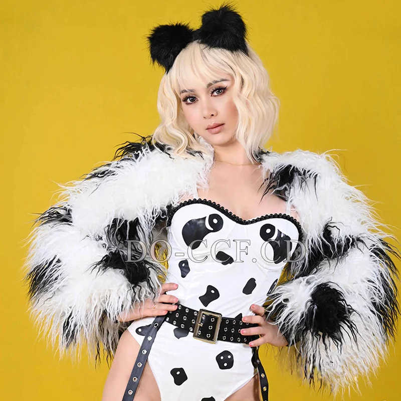 Traje de Drag Queen, Ropa de baile Gogo, mono blanco y negro, disfraz de escenario esponjoso, traje de actuación de Showgirl, ropa de fiesta Rave yk