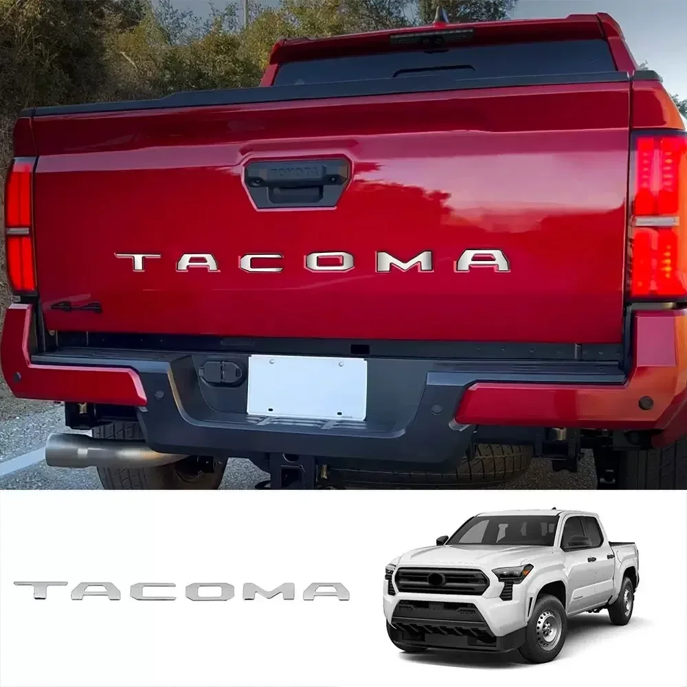 3D lettering in 3D form on the tailgate of Toyota Tacoma 2016 - 2021 models, and English letter decorations on the trunk
