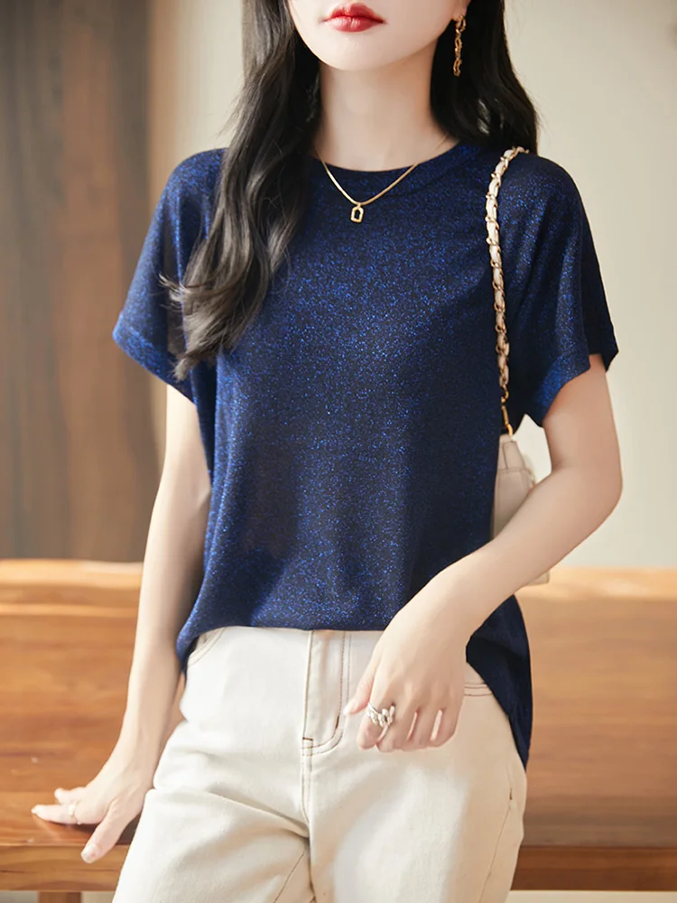 Injet camiseta de malha de seda gelo feminina verão novo redondo ne leve respirável faionable ort sve corte reto