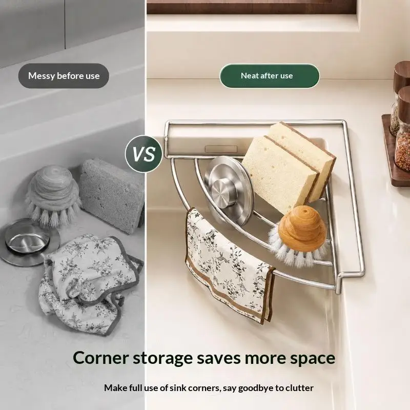 Stainless Steel Sink Corner Storage Rack Self-draining Punch-free Stand for Dishcloth Sponge Kitchen Sink Accessory