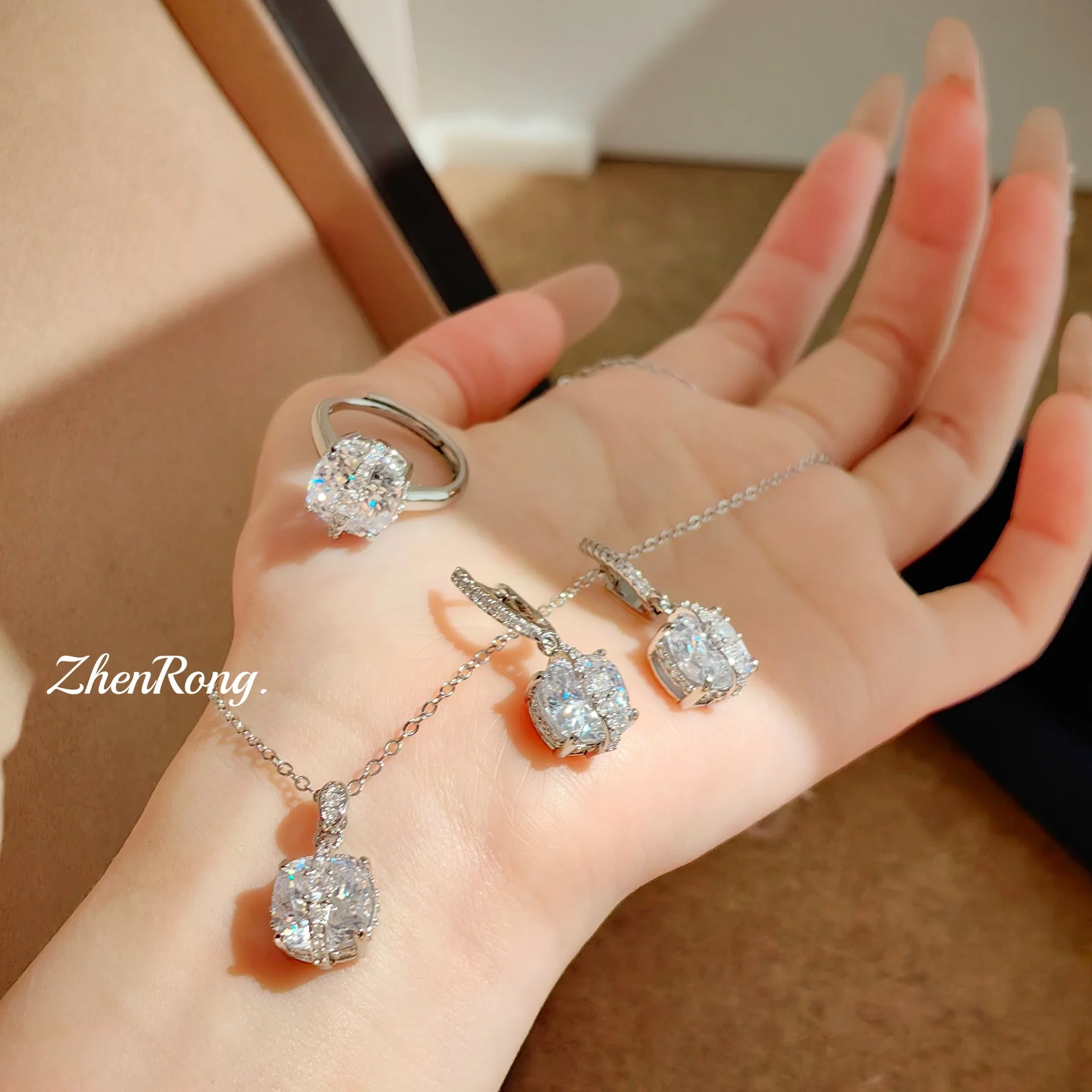 S925 Sterling Silver Ring Necklace Earrings Set Premium Sugar Cube Pendant White Diamond Woman
