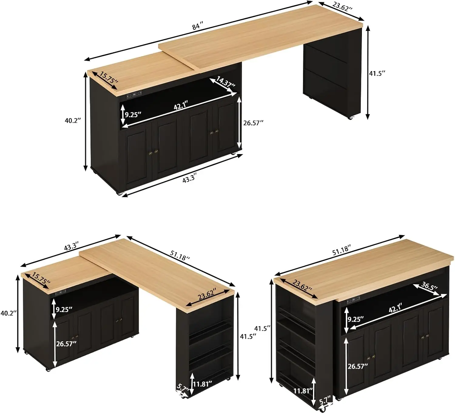 84'' Rolling Kitchen Island with Swivel Table, Islands Cart with LED Lights, Power Outlet, Movable Storage Cabinet with Side