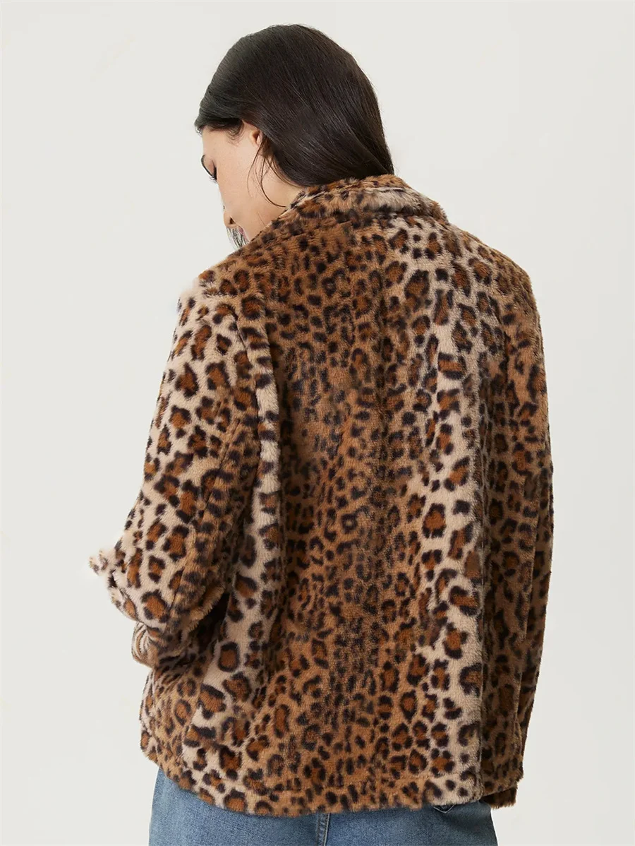 Benuynffy Autumn Winter Leopard Print Faux Fur Jacket Women's Fashion Long Sleeve Single Breasted Loose Short Female Outerwear