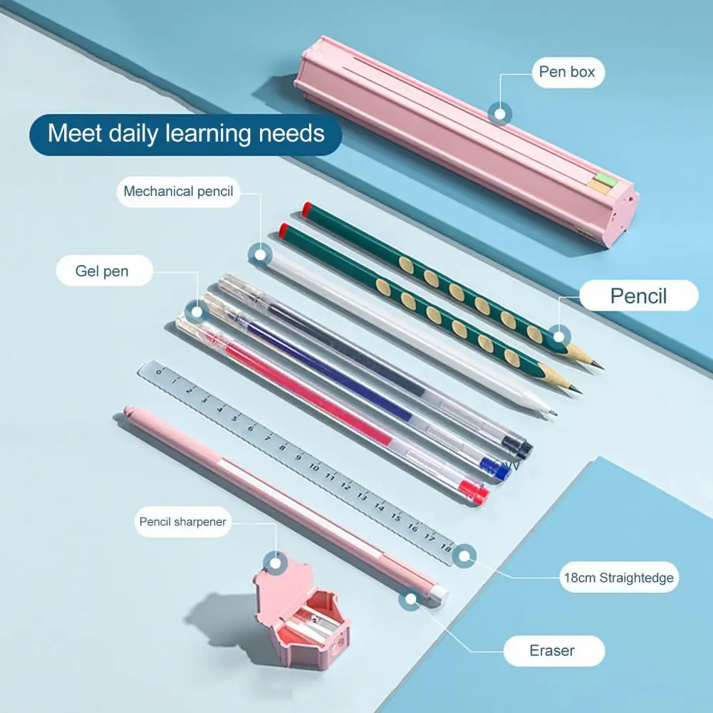 1 Set 20cm Pen Box With 6 Pencils 1 Eraser And Ruler Sharpener Hexagon Children Pencil Holder Case Container School Supply Gifts