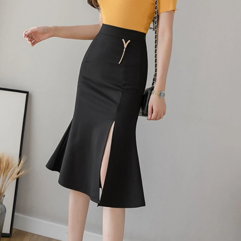 Bodycon Midi Skirt Solid Color Big Size Mid-Length Fish Tail Skirt Spring Summer High Waist Vintage Office Lady Pencil Skirts