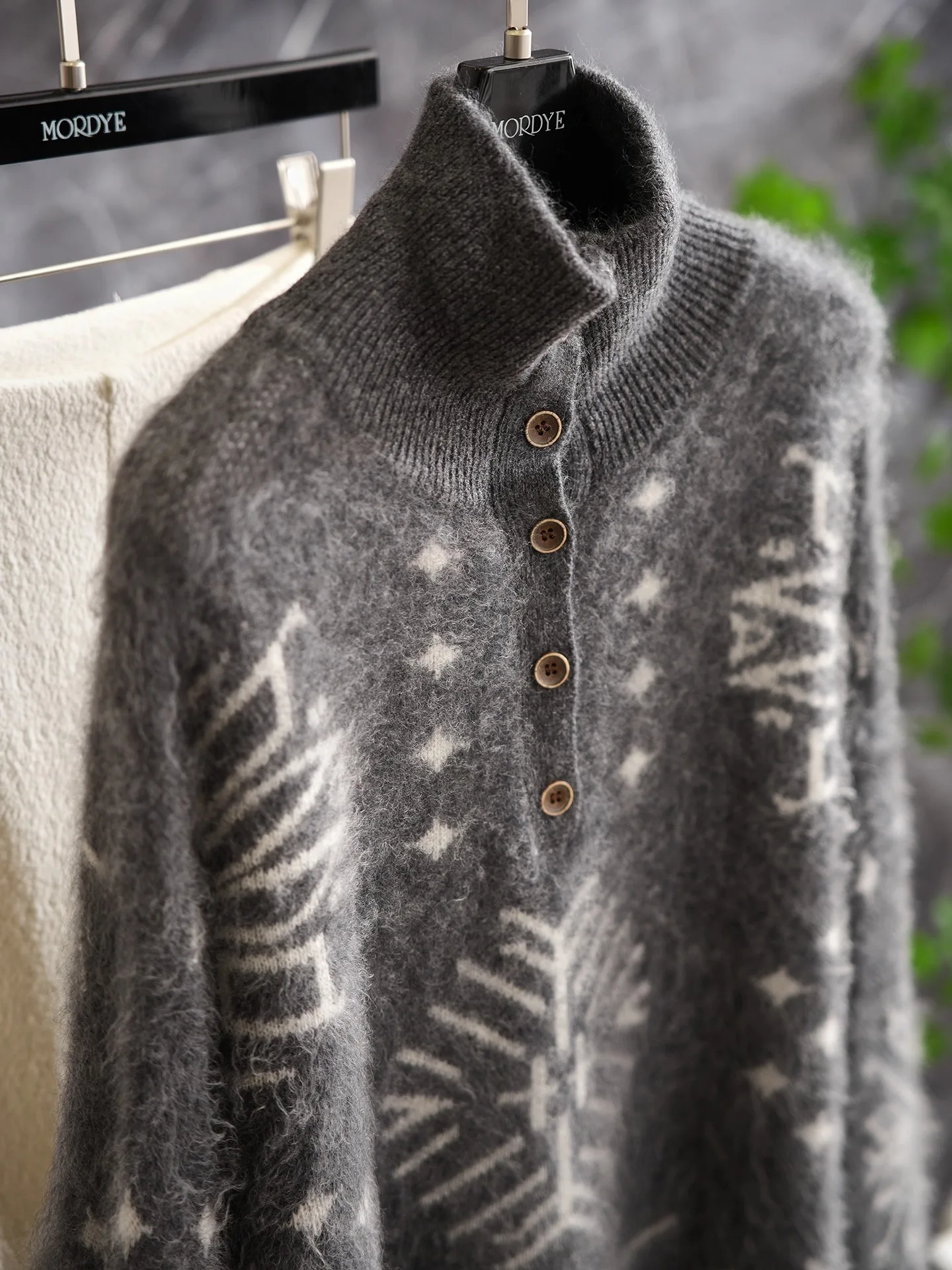 

Woolen Knitted Sweater with Geometric Embroidery Stand Collar Heavyweight 00% Wool Commute Sle Soft Long Sve