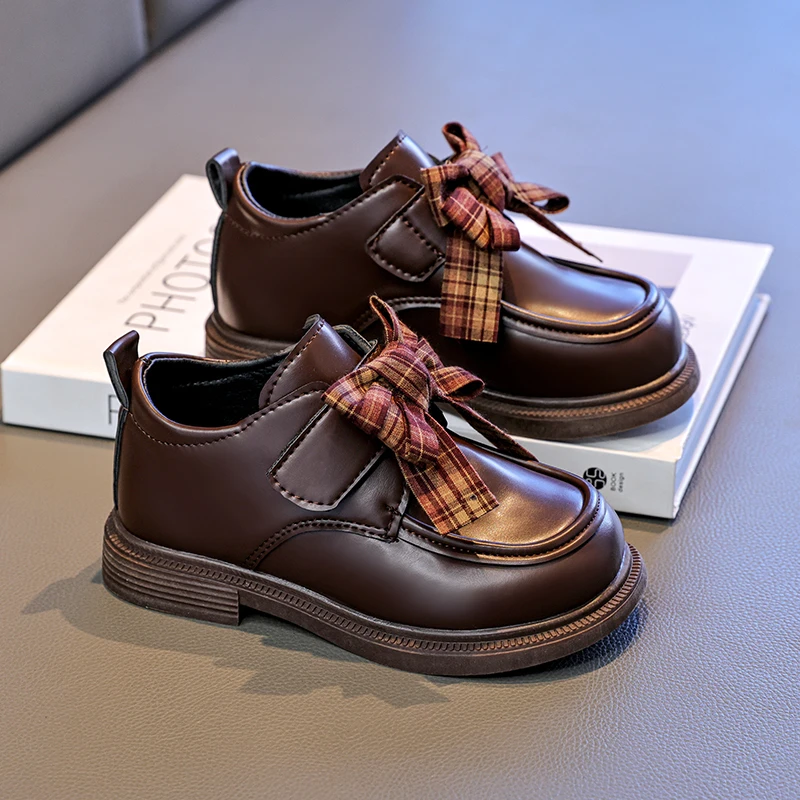 Spring Autumn Girls' Uniform Leather Shoes Plaid Bow Casual Daily School Children's Mary Jane Shoes Retro Kids Dress Flat Shoes