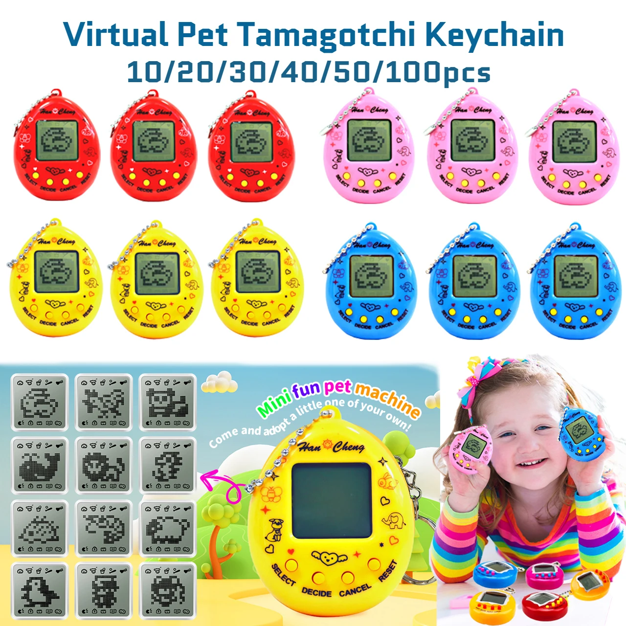 10-100pcs Virtual Pet Tamagotchi Uni Keychain Video Game Party Bag Filler Kids Digital Pet Toy Pixel Pendant 168 Electronic Pets