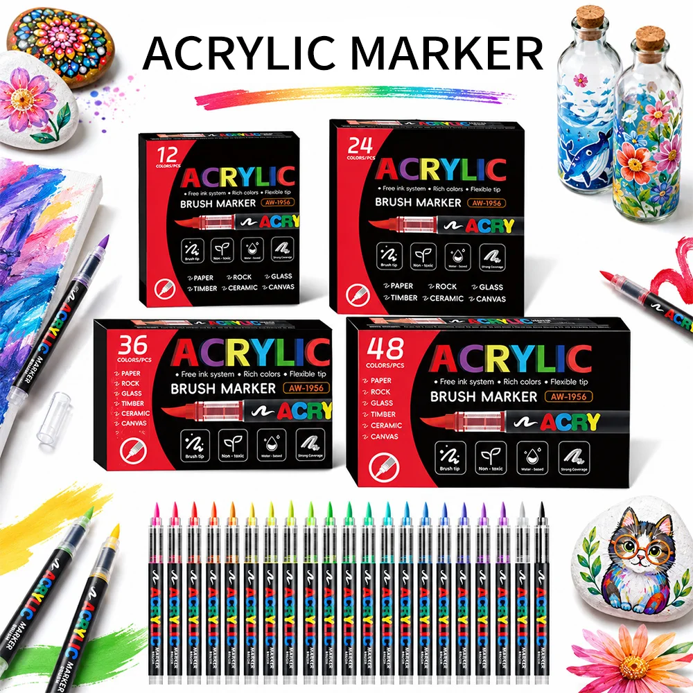12-366 Colors Acrylic Marker Set Professional Brush Painting Pens Rock Glass Wood Ceramic Canvas Paper DIY Graffiti Art Class Back-to-School Gifts Drawing Supplies