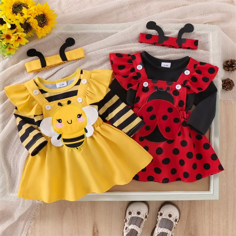 Baby Girls Flying Sleeve Romper Bee/Beetle Embroidery Suspender Dress Headband Sets Newborn Autumn Clothes