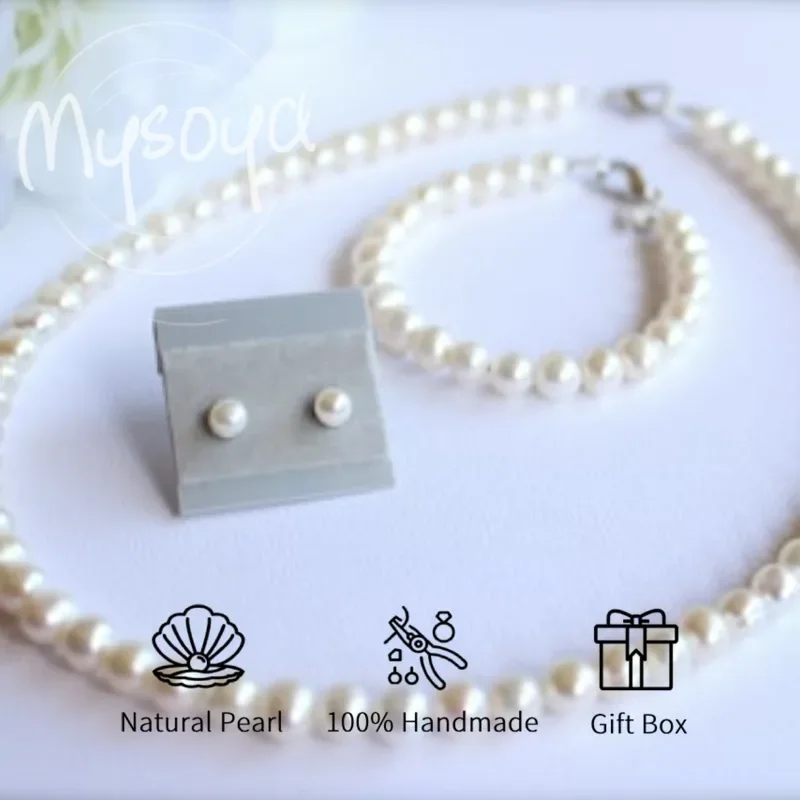 

MYSOYA White Freshwater Pearl Jewelry Set 6-7mm With Gift Box For Her/Him Birthday/Wedding/Christmas/New Year Gift
