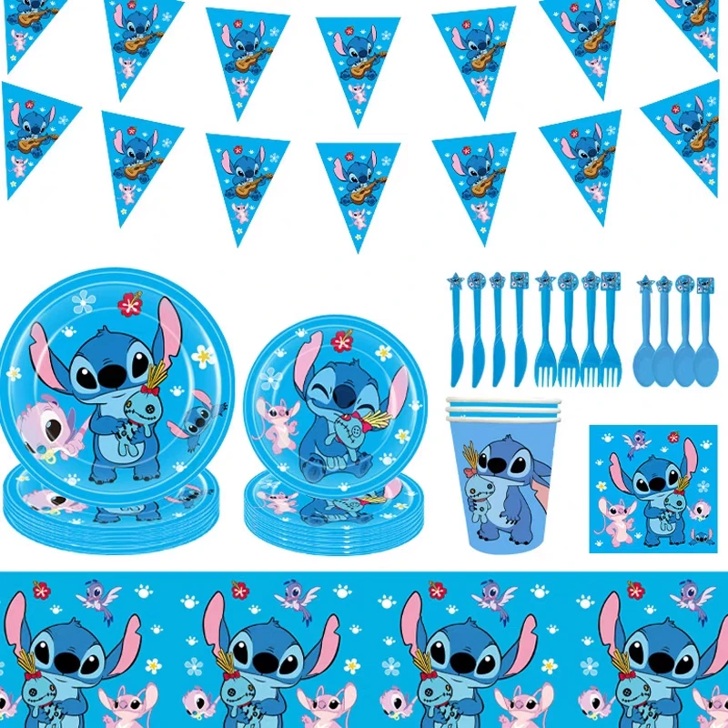 Disney Stitch Theme Birthday Party Decoration Supplies Kids Lilo Stitch Tableware Cup Plate Angle Balloon For Baby Shower Favors