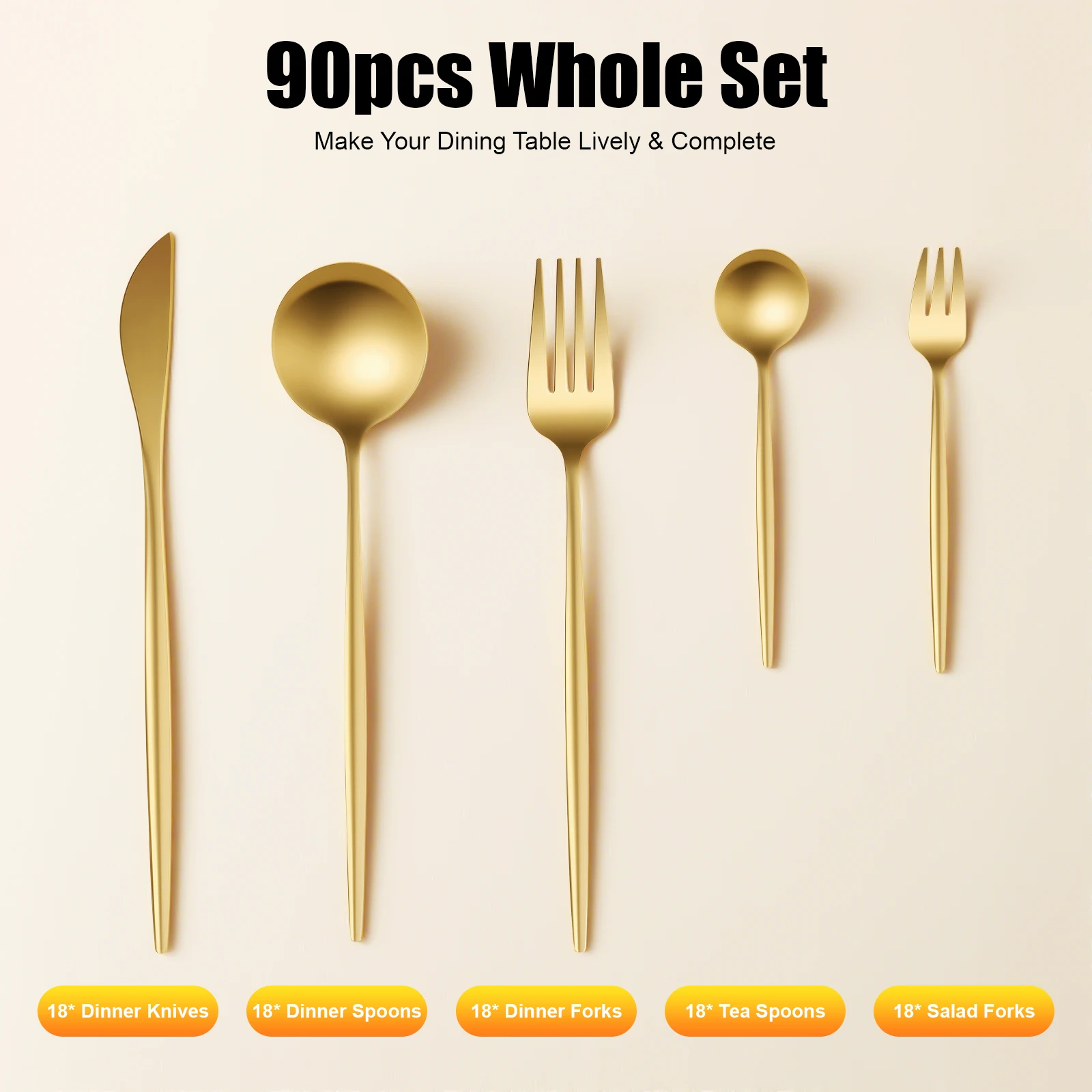 

90PCS Gold Flatware Set 410/420 Stainless Steel 18 Dinner Forks Salad Forks Spoons Tea Spoons Knives for Home Restaurant
