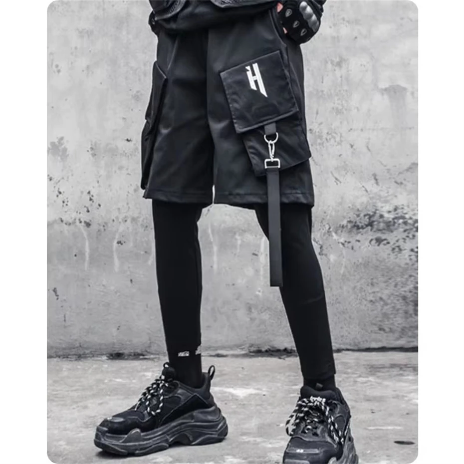 Fake Two Piece Cargo Pants Men Multi Pockets Joggers Pants Ribbon Techwear Y2K Streetwear Hip Hop Black Harem Pants