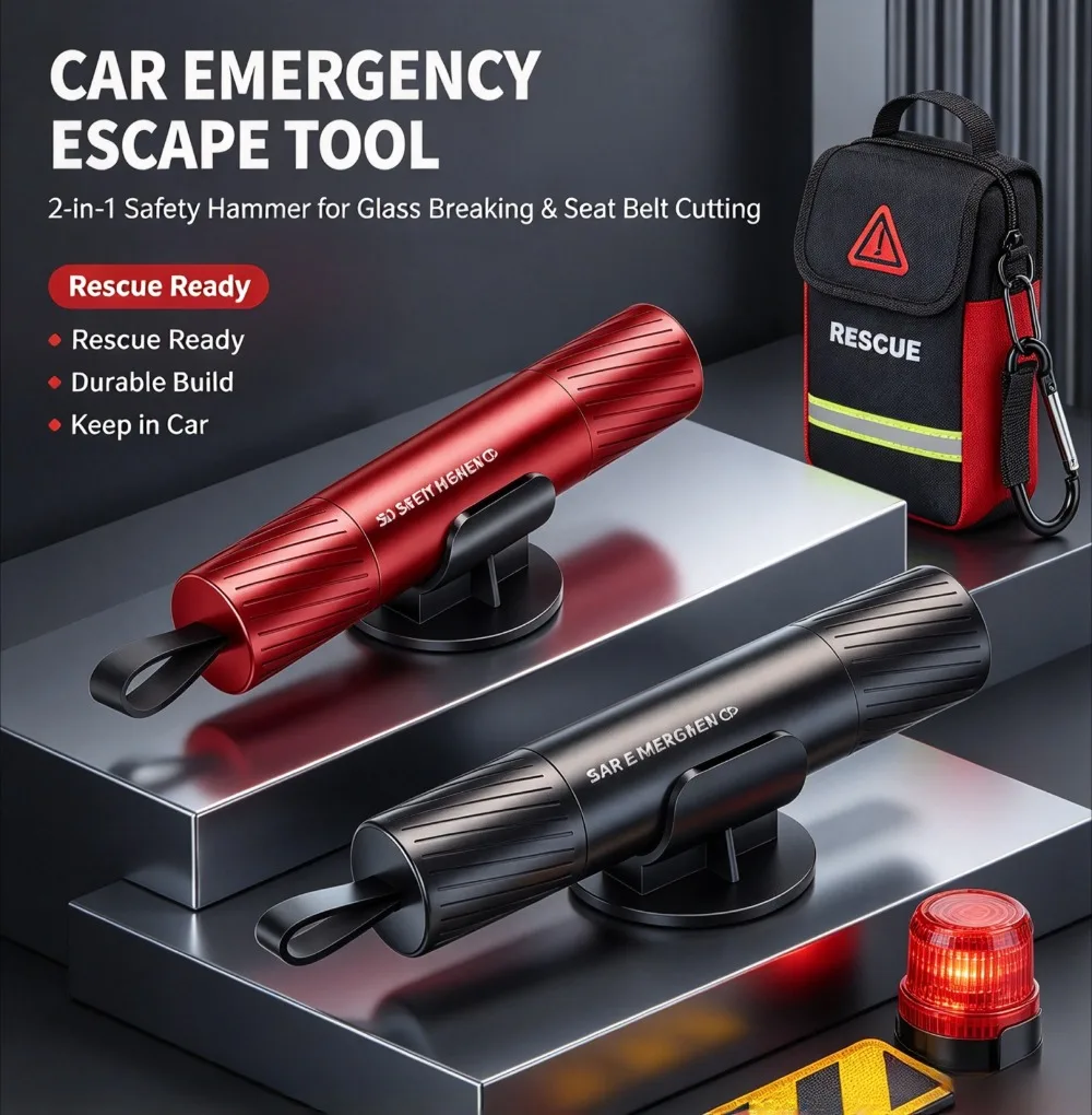 Car Safety Hammer 2 In 1 Tungsten Steel Tip Glass Breaker And Seatbelt Cutter For Auto Emergency Escape Rescue Tool Portable