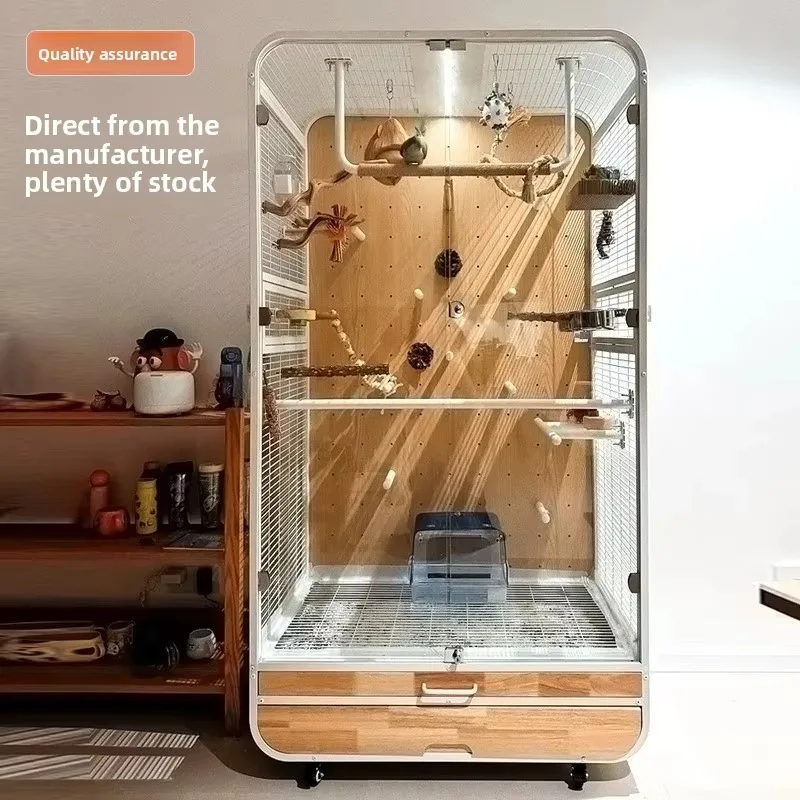 home bird decoration, bird cage, luxurious elegance, wooden and glass frame, stable base, wear-resistant,